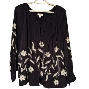 J Jill Navy Embroidered Top Size XL